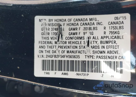 2015 Honda Civic Lx из США, поврежденный, VIN 2HGFB2F54FH565635